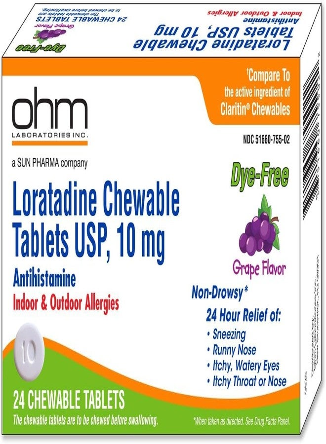 Ohm Loratadine 10mg, Chewable Tablets, Non-Drowsy Antihistamine for Indoor & Outdoor Allergies | Grape Flavor, Dye-Free, Allergy Relief (Small, 24, Count) - Image 1